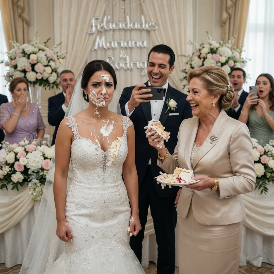 En pleno banquete de bodas, mi suegra millonaria tomó el micrófono, me llamó “arrimada” frente a todos y me embarró el pastel en la cara. Pero lo que me destrozó no fue el betún, fue ver a mi esposo riéndose mientras me grababa.