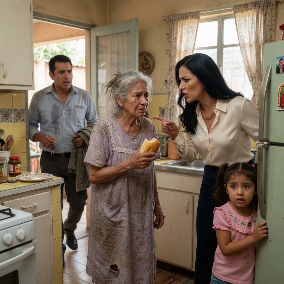 Me descubrió temblando de hambre, comiendo un pedazo de pan duro a escondidas detrás de una cortina. Mi nuera me humillaba en la misma casa que yo les compré, gritándome con asco: “¿Otra vez tragando a escondidas?”.