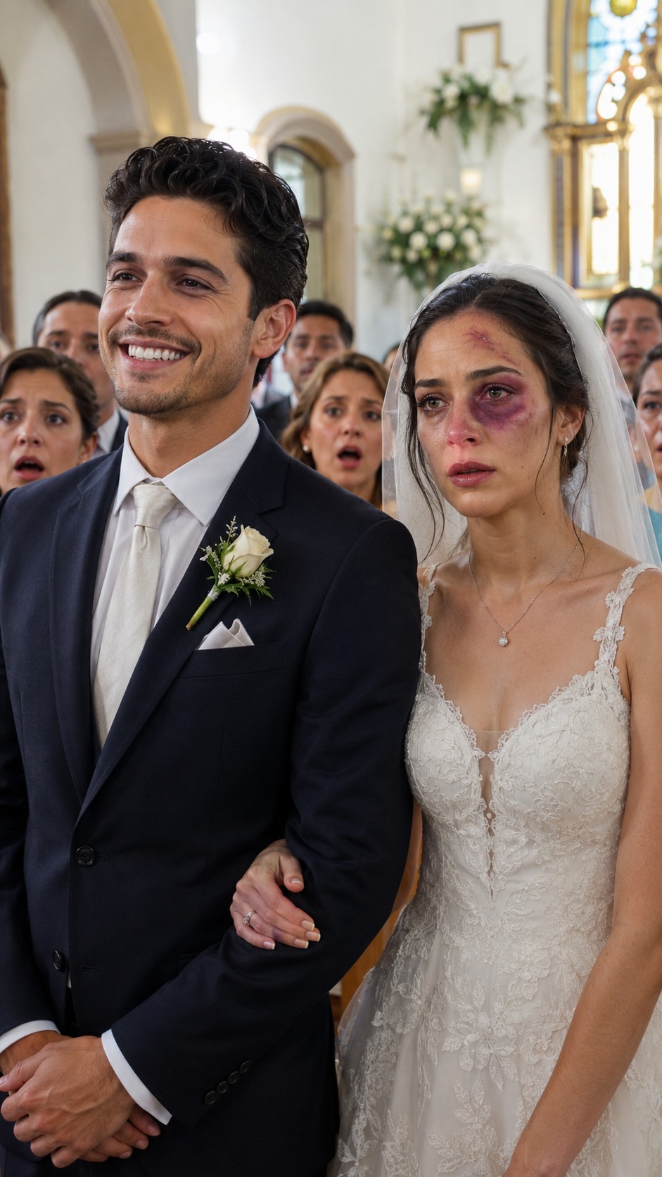 Llegué al altar con la cara reventada a golpes y mi novio se burló, pero el audio que mi mejor amiga puso en el micrófono destapó el asqueroso secreto de mi propia madre.