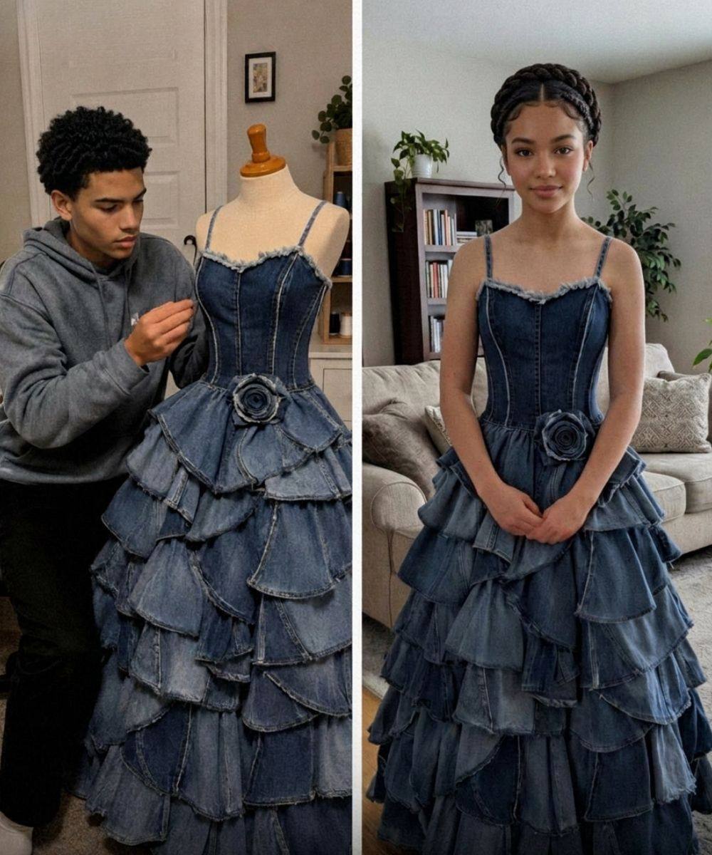 Mi madrastra se rió del vestido de graduación que mi hermano menor me cosió con los vaqueros de nuestra difunta madre, pero el karma ya la esperaba.