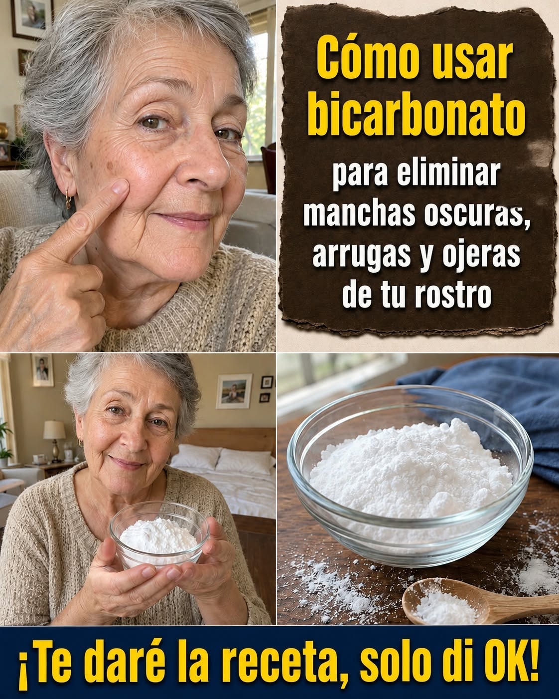 Cómo usar bicarbonato de sodio para eliminar manchas oscuras, arrugas y ojeras. Receta en el primer comentario.