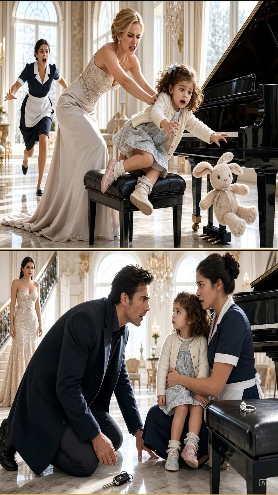 La prometida del millonario empujó a una niña frente al piano… sin imaginar que sus ojos y un anillo robado destruirían su boda