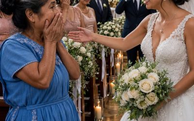 La mamá del novio llegó con un vestido azul gastado y todos murmuraron… hasta que la novia se detuvo en el pasillo y dijo algo que hizo llorar a toda la iglesia