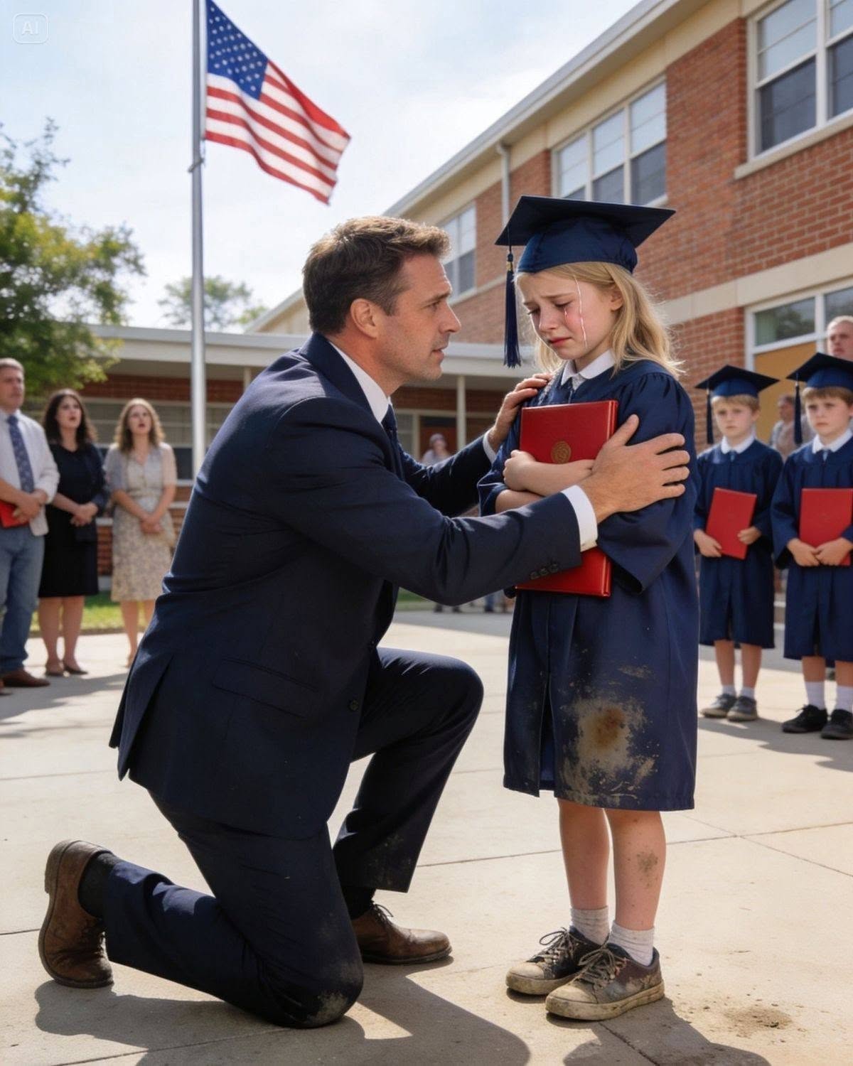 El día de la graduación, una pequeña niña huérfana se acercó a un multimillonario y le preguntó: “¿Podría fingir ser mi papá… solo por hoy?” Lo que ocurrió después dejó a todo el auditorio llorando.