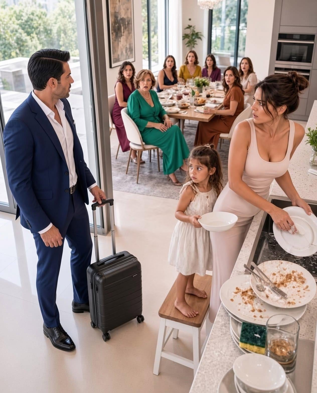 Volvió 2 días antes y encontró a casi 20 amigas de su madre cenando mientras su esposa y su hija de 5 años lavaban platos con las manos quemadas… hasta que la niña habló de un cajón que la abuela siempre mantenía cerrado con llave.