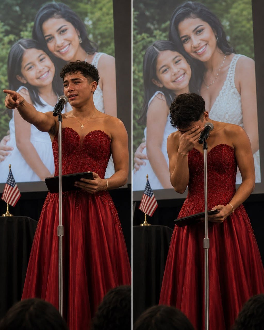 MI HIJO CRUZÓ EL ESCENARIO DE GRADUACIÓN CON UN VESTIDO ROJO BRILLANTE MIENTRAS EL AUDITORIO SE REÍA – LO HIZO POR MÍ, Y YO LE ROGUÉ QUE NO LO HICIERA